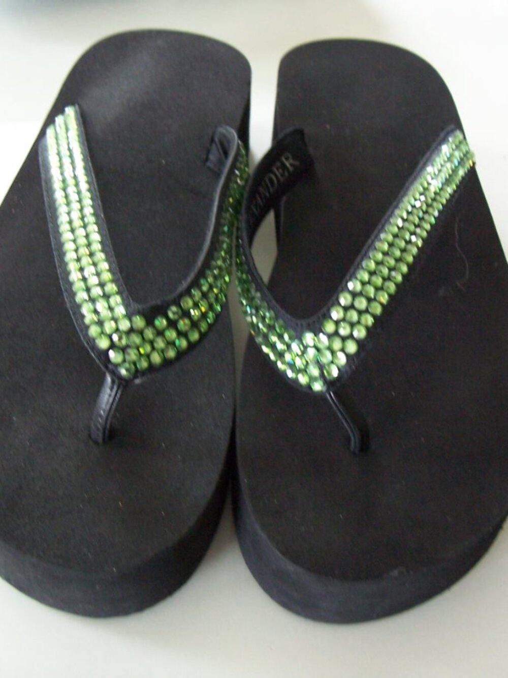 Green 3 Rows of Swarovski Crystal on Black FlipFlops Size 6  Christine Alexander